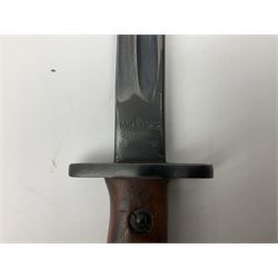 Enfield 1907 Model Mk.I bayonet, the 30.5cm fullered steel blade marked Wilkinson; in metal mounted leather scabbard numbered 876 with leather frog L47cm overall; and Portuguese Model 1904 bayonet by Simson & Co Suhl numbered 1873; in steel scabbard (2)