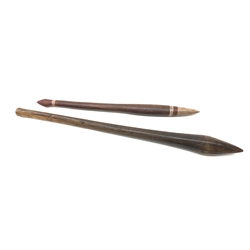  Aboriginal wooden nula, nula club of typical form with bulbous end and tapering shaft, L66cm  and another with painted end detail, L51cm )2)  