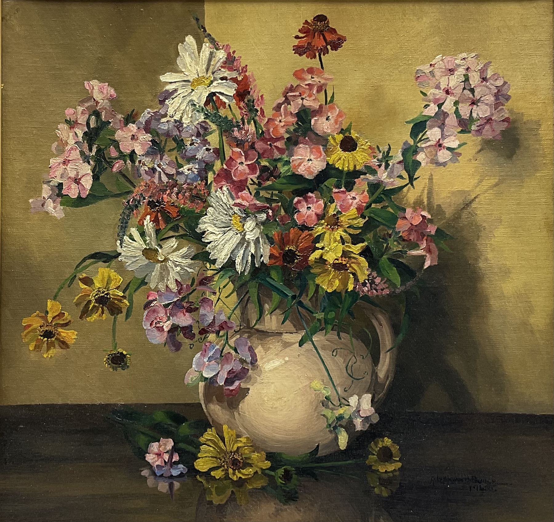 Ada Lockwood Bunce (British exh.1937-1940): Still Life Jug of Flowers, oil on canvas signed and dated 1945, labels verso 45cm x 47cm 