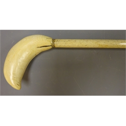  Victorian Whale bone walking stick, slender tapering shaft with curved Whale tooth handle, L88cm  
