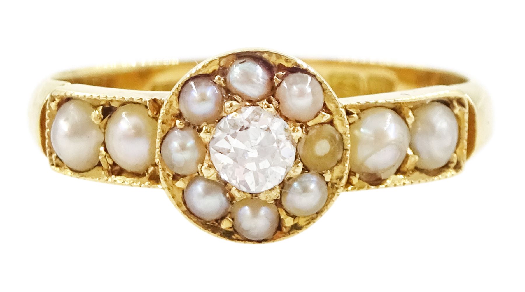 Edwardian 18ct gold single stone old cut diamond and split pearl cluster ring, with pearl shoulders, Birmingham 1910