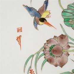 Chinese famille verte painted plaque with kingfishers, 32cm x 23cm 