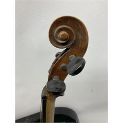 German Hopf violin c1900 with 35.5cm two-piece maple back impressed HOPF, maple ribs and spruce top, also marked HOPF internally L58.5cm overall; in Maidstone ebonised wooden coffin case with bow