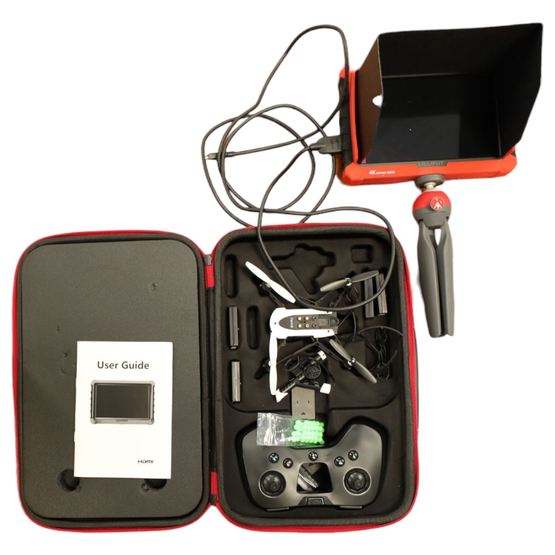 Parrot drone, with spare batteries; Lilliput field monitor with batteries (2)
