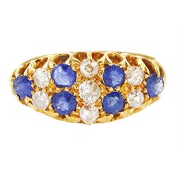 19th / early 20th century 18ct gold diamond and sapphire ring, three rows of old cut diamo...