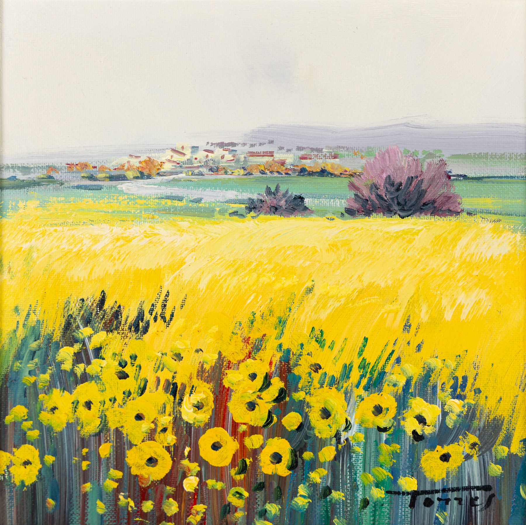 Miguel Torres (Spanish 1948-): Field of Sunflowers and Field of Blue Flowers, two oils on canvas signed 20.5cm x 20.5cm and 12.5cm x 28cm (2)