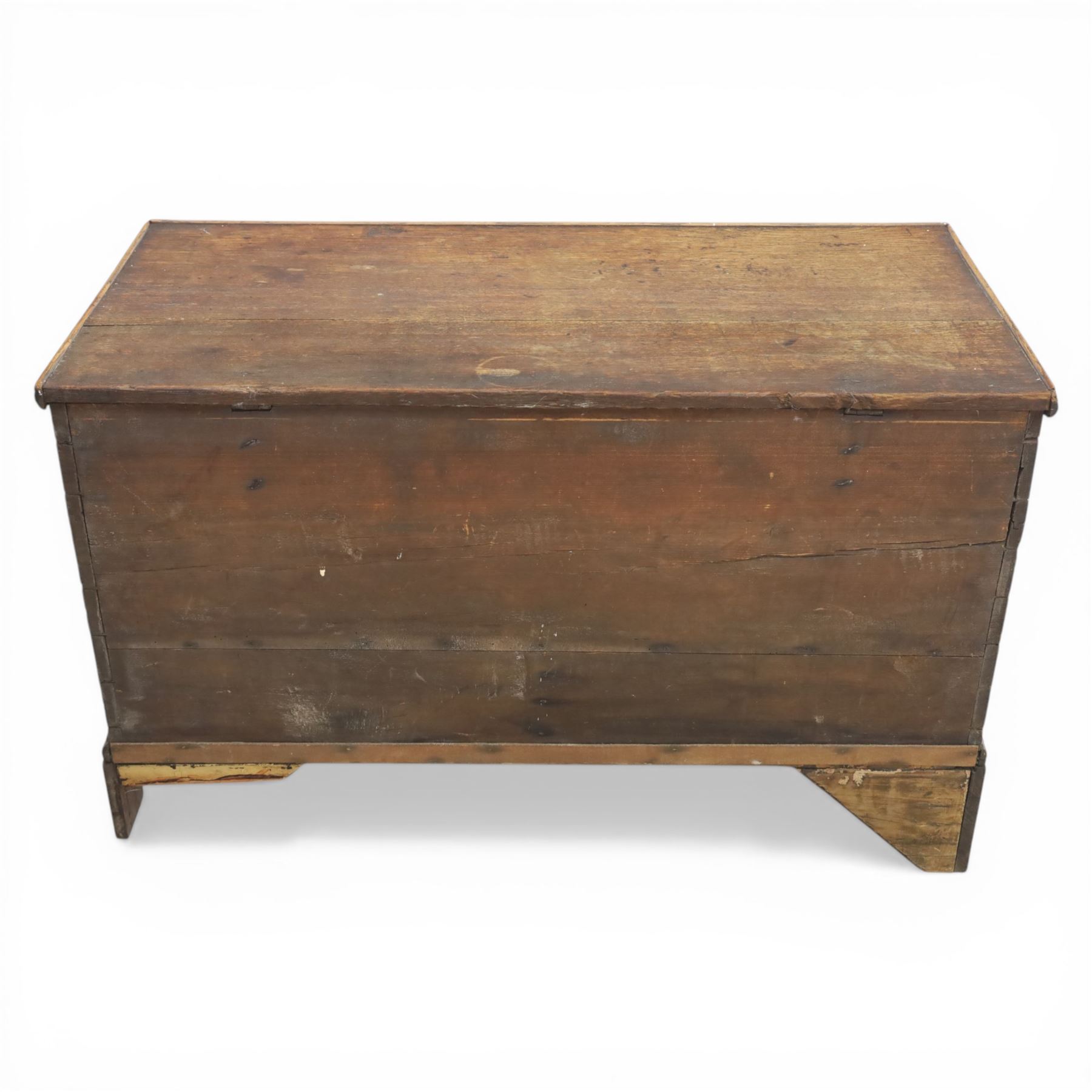 19th century oak mule chest, with lidded top above two short drawers, raised on bracket feet