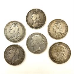 King George IV 1821 crown coin, three Queen Victoria crowns dated 1847, 1889, 1894 and two Queen Victoria double florins dated 1887 and 1889 (6)