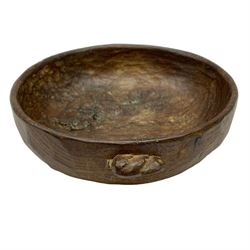 'Rabbitman' tooled oak bowl with burr figuring, carved with rabbit signature, by Peter Heap of Wetwang