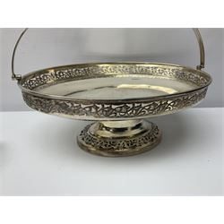 Large silver plated oval tray, together with other silver plated items including swing handled basket, ladle, shell shaped serving tray, etc