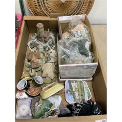 Quantity of toys and household accessories to include Lilliput Lane figures, The Leonardo Collection doll, another boxed doll, quantity of framed prints, boxed coaster and placemat sets etc