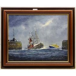 Jack Rigg (British 1927-): Trawler returning to Harbour escorted by the Lifeboat, oil on board signed 39cm x 50cm

