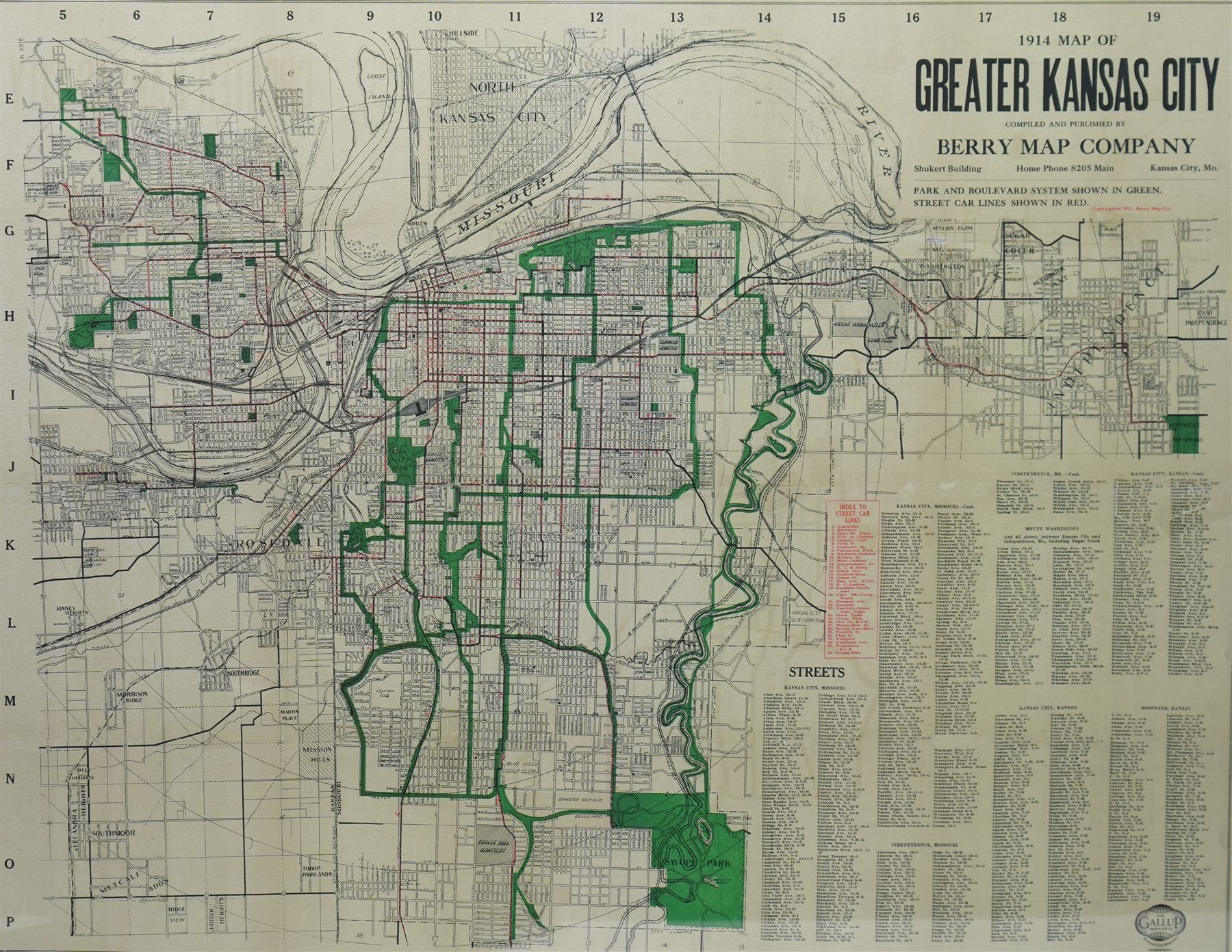 Berry Map Company (American Early 20th century): '1914 Map of Greater Kansas City', later colour print map originally pub.1914, 64cm x 83cm