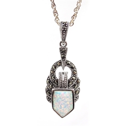  Silver opal and marcasite pendant necklace stamped 925  