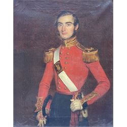 English School (Mid 19th century): Portrait of Major General Richard George Connelly, three-quarter in length in uniform, oil on canvas unsigned, titled on plaque, formerly inscribed 'painted at Chatham February 1844' verso 43cm x 35cm 
Provenance: from the collection at Athelhampton House, Dorset