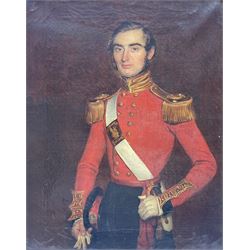 English School (Mid 19th century): Portrait of Major General Richard George Connelly, three-quarter in length in uniform, oil on canvas unsigned, titled on plaque, formerly inscribed 'painted at Chatham February 1844' verso 43cm x 35cm 
Provenance: from the collection at Athelhampton House, Dorset