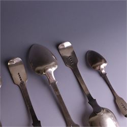 Set of four George III silver Fiddle pattern table spoons all engraved with monogram, hallmarked Thomas Wallis (II) & Jonathan Hayne, London 1819, together with a  Victorian silver Fiddle pattern teaspoon with engraved initials, hallmarked William Rawlings Sobey, Exeter 1846