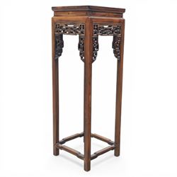 Chinese style hardwood open latticework plantstand, square top ove latticework spandrels raised on square supports united by stretchers