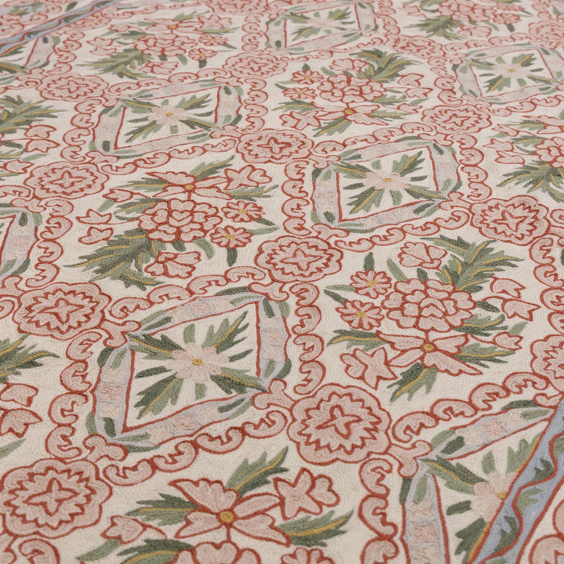 Kashmiri chain stitch crewel embroidered wall hanging, wool on cotton ground, decorated with an all-over lattice of floral medallions and stylized foliage with multiple floral borders 