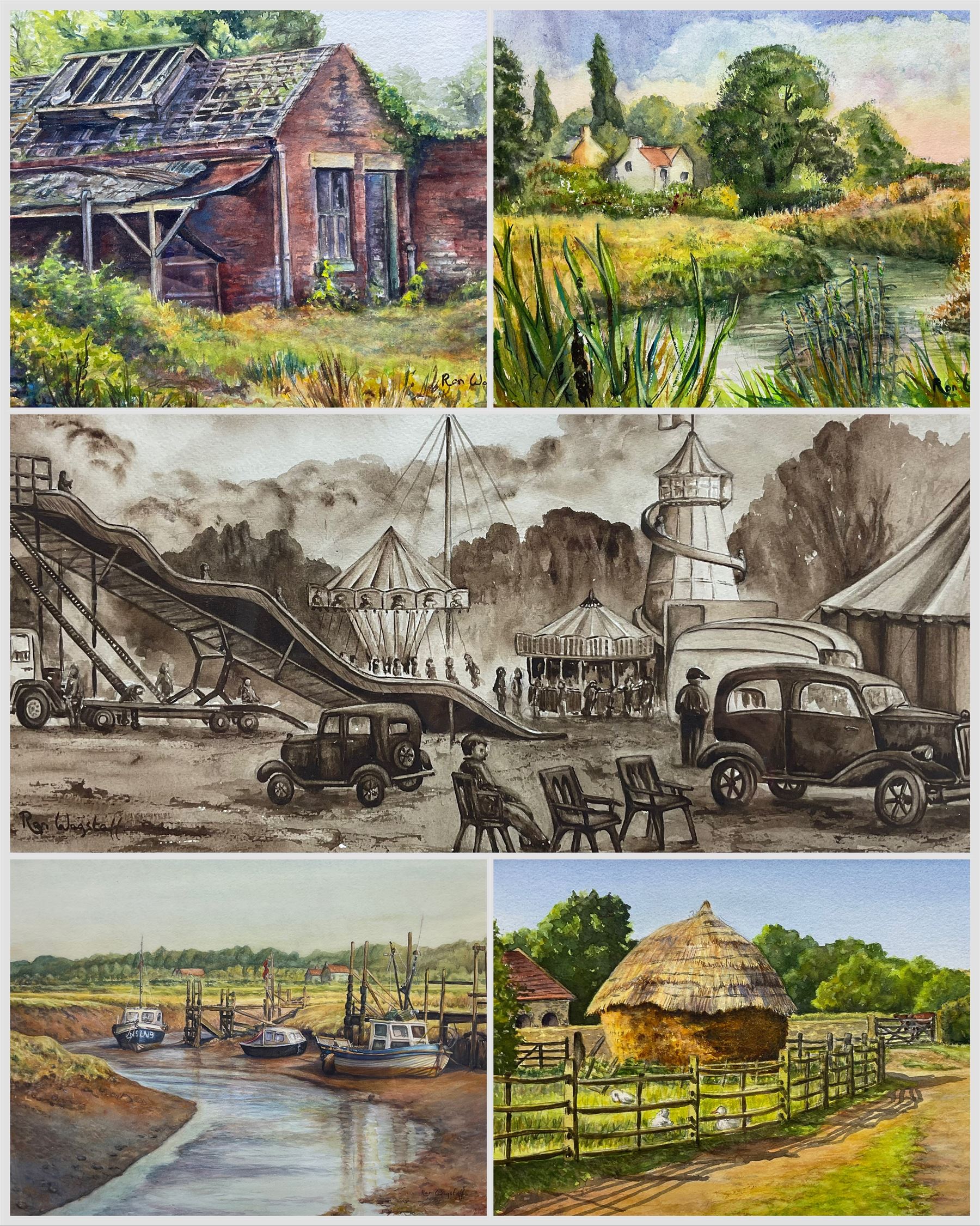 Ron Wagstaff (Northern British 20th Century): 'High and Dry - Norfolk', 'Haystack and Yard - Beamish', 'Newark Fairground' and Farmyard Landscapes, collection of five watercolours signed, variously titled verso max 35cm x 44cm (5)