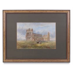 Richard Weatherill (British 1844-1913): Whitby Abbey with Cattle Grazing, watercolour signed with initials 23cm x 34cm