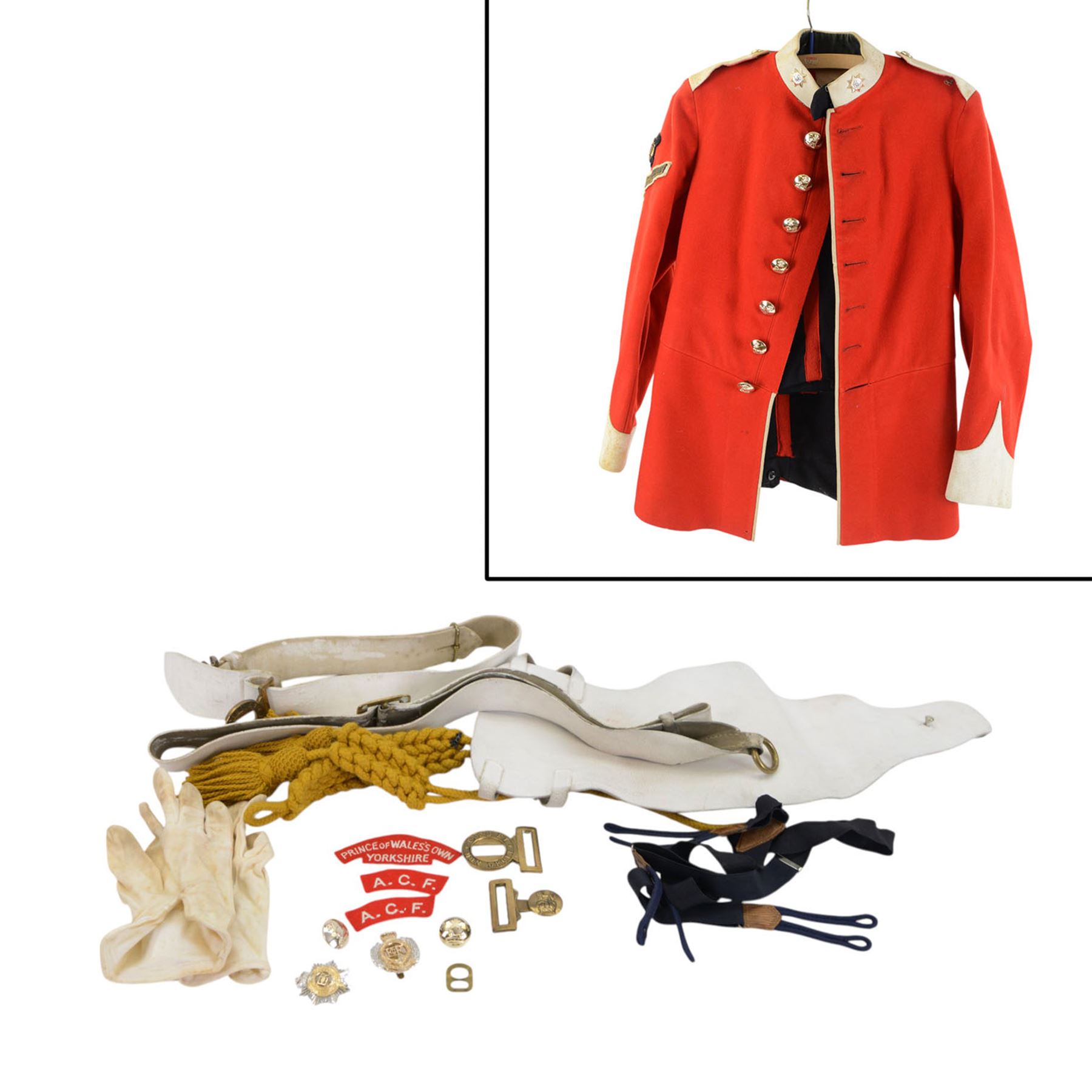 Prince of Wales Own Yorkshire dress tunic and trousers, with drummer badge to right sleeve, jacket H67cm