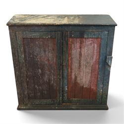 19th century painted and lacquered pine clerks desk bureau on cupboard, hinged fall-front ...