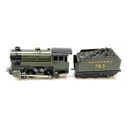 Trix Twin - three-rail 0-4-0 locomotive No.763 with tender in Southern lined green; and eight Southern Railway passenger coaches; all unboxed (9)
