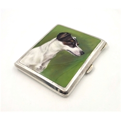  Early 20th century enamelled cigarette case with finely detailed Jack Russell portrait panel 9cm  