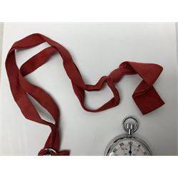 Nero Lemania - Royal Air Force type military stopwatch, outer black register for 60 seconds with 1/5th seconds divisions, inner red register to 100 with 1/10 divisions, subsidiary dial recording to 30 minutes, signed and marked with Broad Arrow, case back engraved '0552/521-3169' Broad Arrow '152/70'; together with a Balmaster Antichoc 1/10 4 Rubis stopwatch (2)