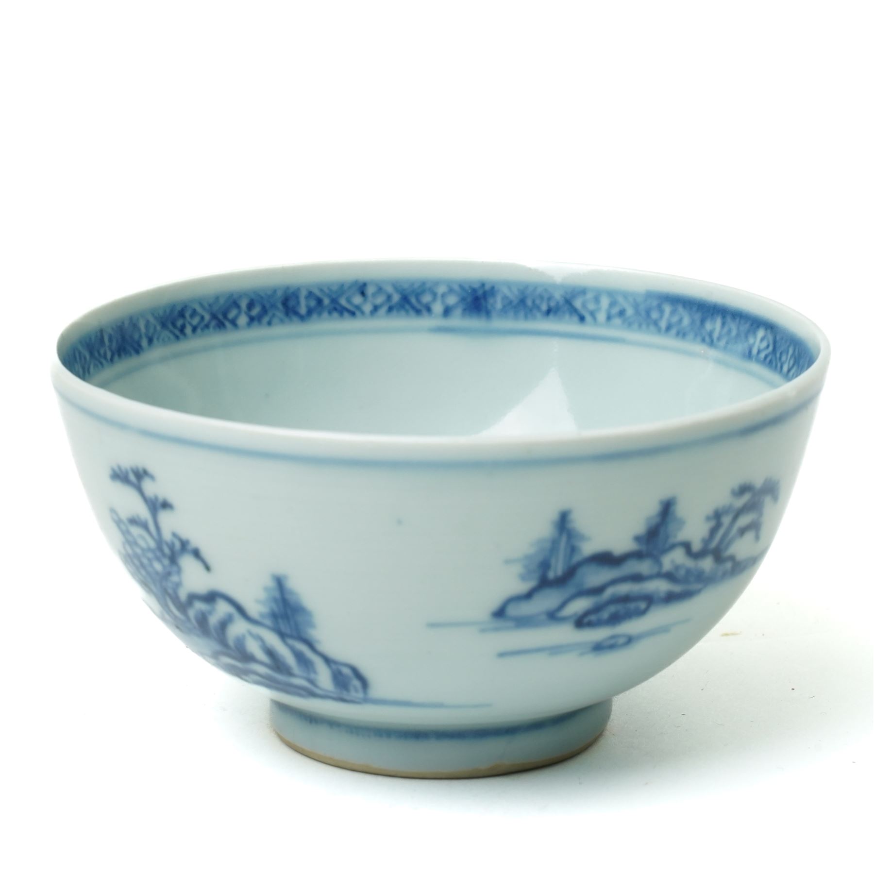 18th century Nanking cargo 'Flying geese' pattern bowl, with Christies lot sticker, D11.5cm; together with a tea bowl and saucer, probably from the Cau Mau shipwreck, in the 'Passing boats' pattern, and a dish from the Tek Sing shipwreck (4)