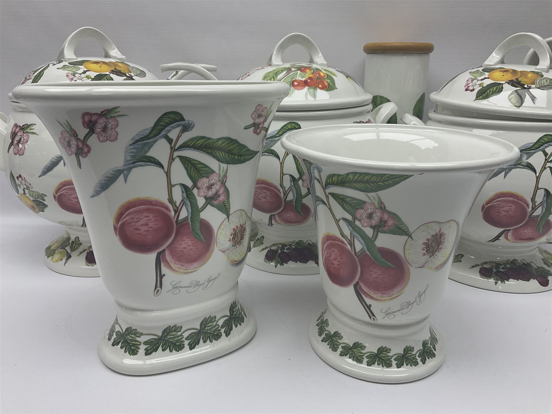 Three Portmeirion soup tureens with covers and ladles, together with vases, large bowls and other Portmeirion items