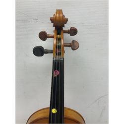 Four Chinese graduated violins - full size with 35.5cm two-piece back; three-quarter size with 33.5cm two-piece back; half size with 31cm two-piece back; and quarter size with 27.5cm two-piece back; all cased except full size; one with bow (4)