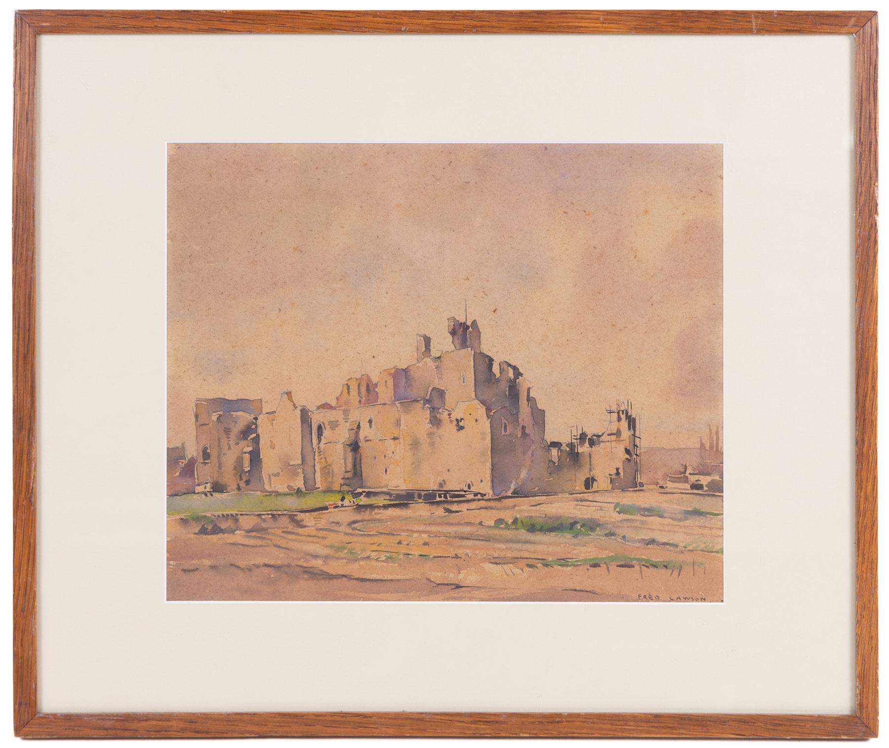 Frederick (Fred) Lawson (British 1888-1968): Middleham Castle, watercolour over pencil on buff paper signed 25cm x 30cm 
Provenance: private collection purchased Tennants Leyburn 16th November 2012 Lot 815