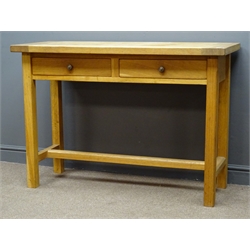  Light oak side table, two drawers, square supports joined by a strether, W123cm, H85cm, D50cm  