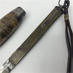 Mid 20th century Swedish barrel/sloyd knife by Segerstrom, with wooden handle and leather strap, stamped Segerstrom Eskiltuna Sweden, blade 8cm