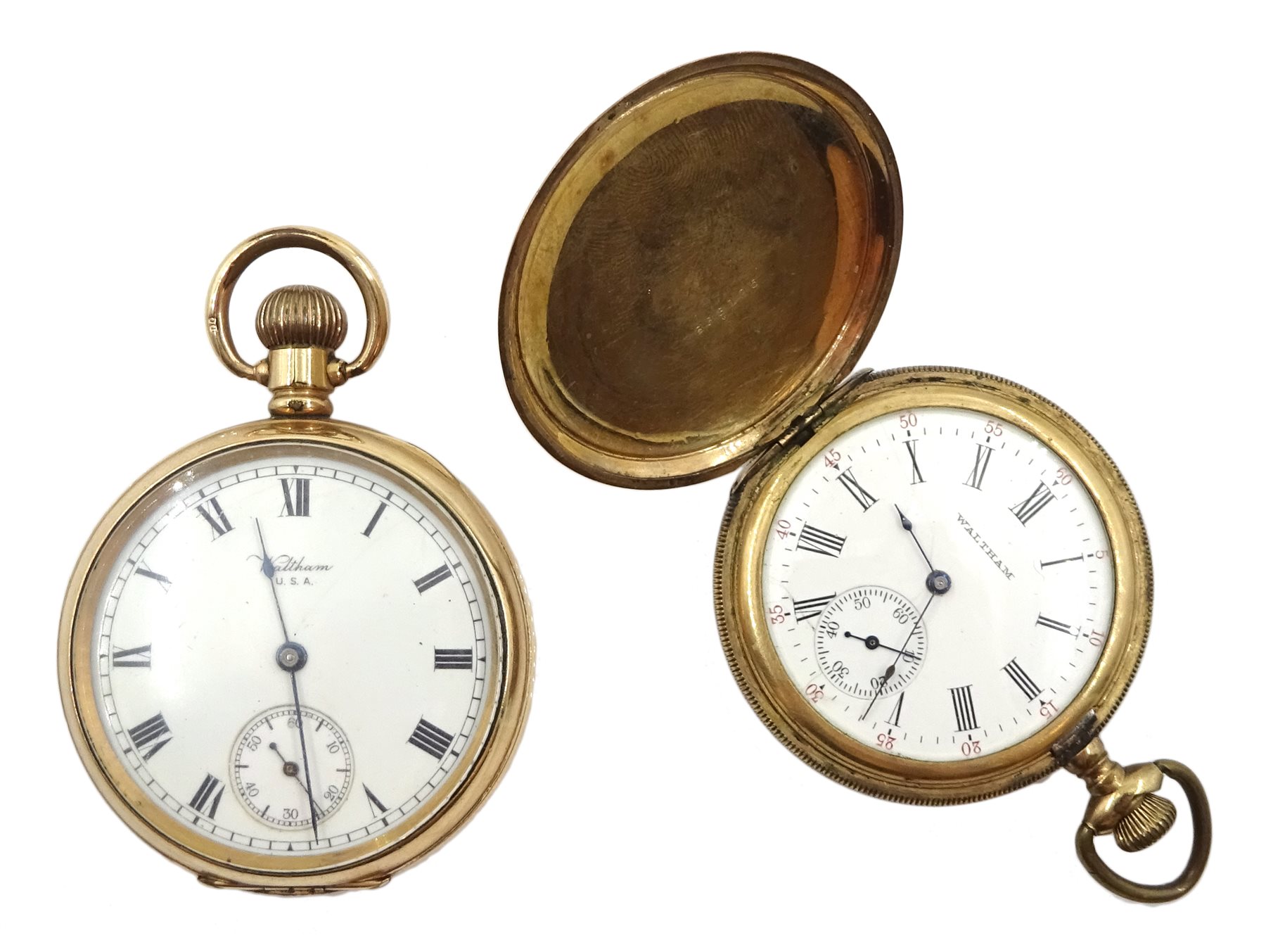 Waltham U.S.A Traveller gold-plated pocket watch, top wind, movement No.18748715, case by Dennison and a Waltham Mass gold-plated full hunter pocket watch No. 1441315, case by Keystone