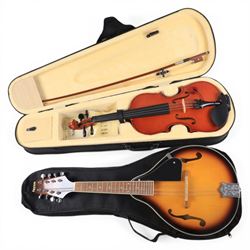 Rayzm mandolin and a student violin, both cased