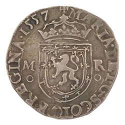 Scotland, Mary, first period, 1557 testoon coin, cross potent obverse, crowned shield reverse, approximately 5.9 grams