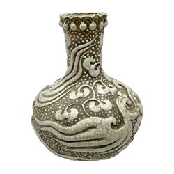 Early 20th century Chinese crackle glaze vase of baluster form applied decoration in white with dragon and foliate detail, H26cm