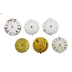 Three verge fusee watch movements by Micham, Surrey, Thomas Sharwood, London and J Edmonds, Liverpool and three lever watch movements by Chatham, Igglesden, J Harris, Manchester and one other, all three with diamond endstones (6)