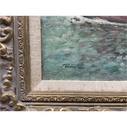 Laszlo Ritter (Hungarian 1937-2003): 'Five in a Boat', oil on canvas board signed, titled verso 29cm x 39cm