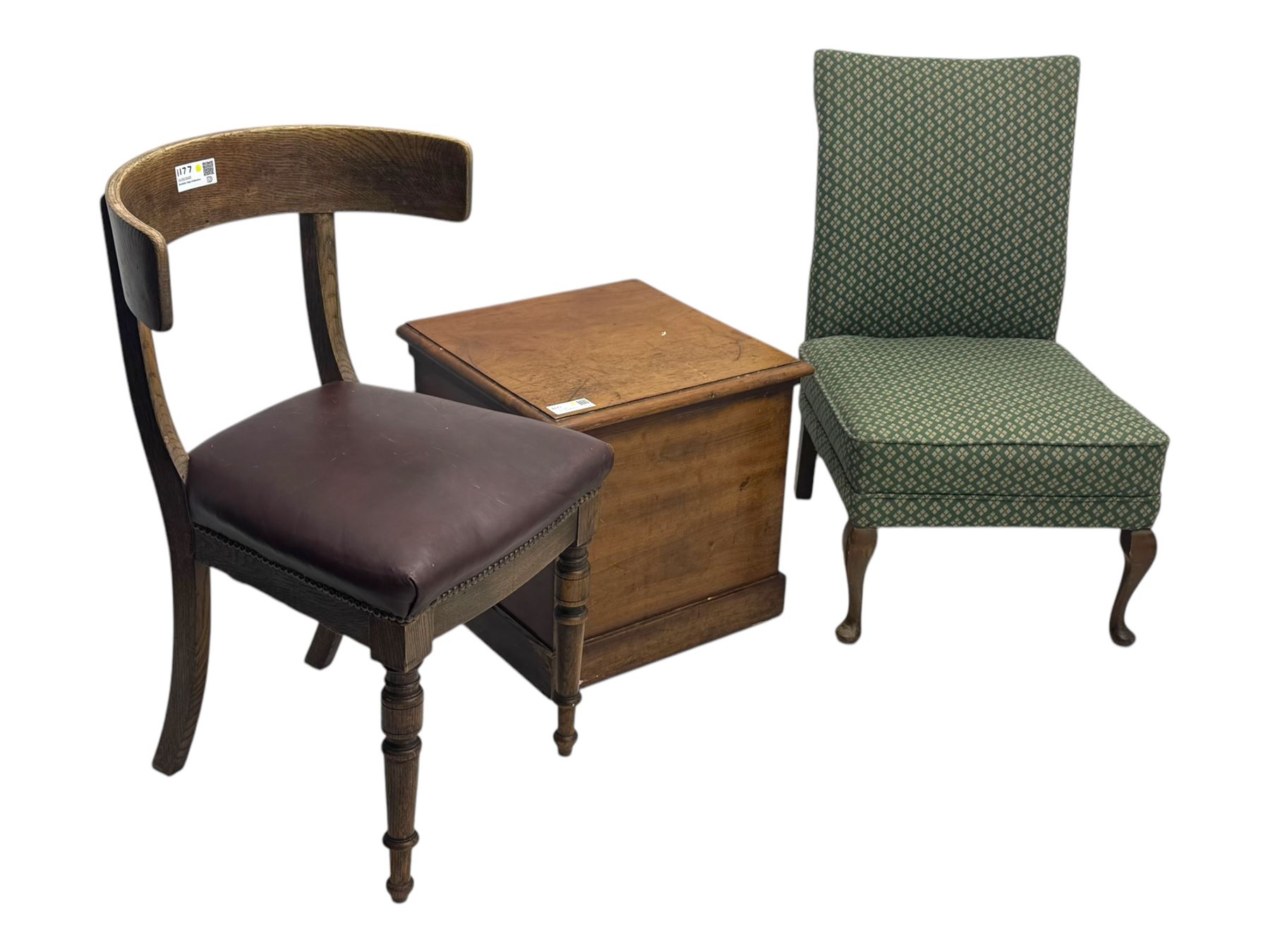 Late 19th century elm hall chair, curved backrest with leather upholstered seat, on turned supports (H81cm, W51cm), early 20th century mahogany commode, hinged lid opening to ceramic liner (H44cm, W47cm, D44cm), late Victorian upholstered nursing chair in green patterned fabric (H79cm, W49cm)