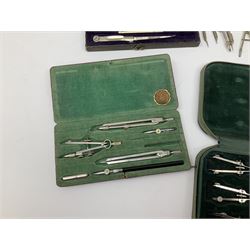Negretti & Zambra drawing instrument set, the ruler with manuscript name 'F/Sgt. F. Hamilton R.A.F. 194(?)', cased; four other drawing instrument sets by Anker-Precision Germany, EcoBra, Temple etc, all cased; and quantity of loose drawing instruments