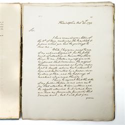 ‘Washington’s Letters’ – A volume containing facsimiles of President George Washington’s letters to Sir John Sinclair Bart M.P. published in London 1800, original boards and with the book plate of Sir William Strickland 6th Baronet of Boynton. Sir William Strickland d1834 was a keen naturalist with an interest in agriculture.
In 1795 he travelled to America where he met Thomas Jefferson, the 3rd President.(d 1826)
He published a survey on American agricultural methods, land prices and wages etc ‘Journal of a Tour of the United States of America 1794-1795’.
He evidently had an interest in coins and may have been in Philadelphia when America's first coinage was struck as he brought early examples home with him.
In 1819 his daughter Priscilla married Charles Winn d1874  the owner of the Nostell Priory estate.
Their descendent Roland Winn, 4th Baron St Oswald d 1984 sold 30 of the American coins at Christie’s in 1964 and in 2015 a flowing hair dollar was sold as part of the D Brent Pogue collection for almost five million dollars
