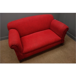  Pair early 20th century two seat drop end sofas, upholstered in red fabric, L165cm  