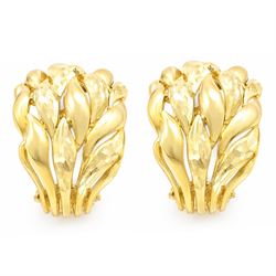 Pair of 18ct gold textured and polished leaf design hoop earrings, stamped 750