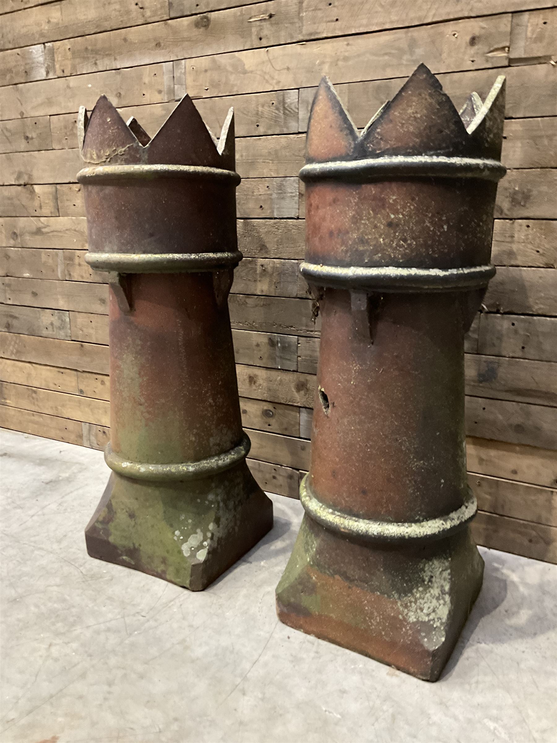 Two Victorian salt glazed crown-top chimney pots