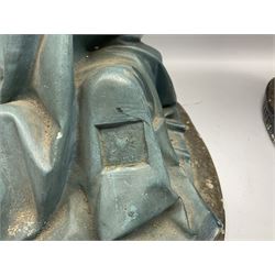 Two religious painted plaster figures of Mary and Joseph kneeling on oval plinths, with impressed mark 'Raffl et Cie Paris', H60cm 