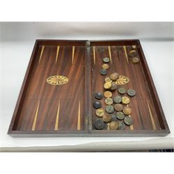 Mauchline ware trinket box and thimble holder, together with copper kettle, two large brown enamel teapots, wooden chess board, brass bell, hot water urn, and other metal ware etc, in three boxes 